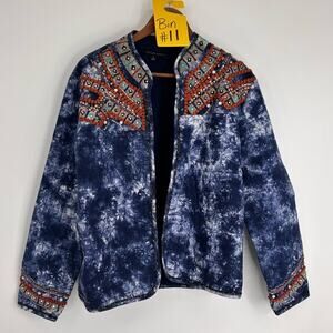 Indigo Moon Womens Size Medium Quilted Jacket Blue Embroidered Sequinen Ornate L